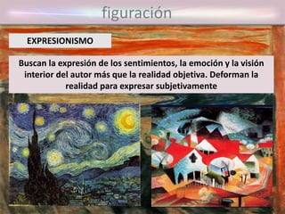figuración
Buscan la expresión de los sentimientos, la emoción y la visión
interior del autor más que la realidad objetiva. Deforman la
realidad para expresar subjetivamente
EXPRESIONISMO
 
