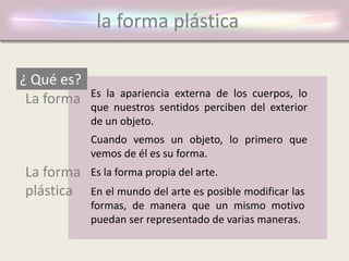 la forma plástica
¿ Qué es?
Es la forma propia del arte.
Es la apariencia externa de los cuerpos, lo
que nuestros sentidos perciben del exterior
de un objeto.
La forma
La forma
plástica
Cuando vemos un objeto, lo primero que
vemos de él es su forma.
En el mundo del arte es posible modificar las
formas, de manera que un mismo motivo
puedan ser representado de varias maneras.
 