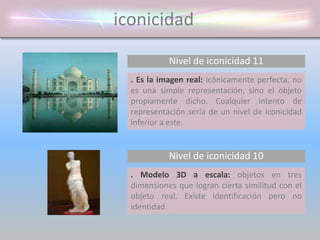 iconicidad
Nivel de iconicidad 11
. Es la imagen real: icónicamente perfecta, no
es una simple representación, sino el objeto
propiamente dicho. Cualquier intento de
representación sería de un nivel de iconicidad
inferior a este.
. Modelo 3D a escala: objetos en tres
dimensiones que logran cierta similitud con el
objeto real. Existe identificación pero no
identidad.
Nivel de iconicidad 10
 