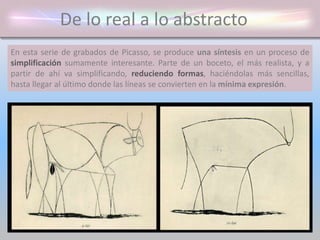 De lo real a lo abstracto
En esta serie de grabados de Picasso, se produce una síntesis en un proceso de
simplificación sumamente interesante. Parte de un boceto, el más realista, y a
partir de ahí va simplificando, reduciendo formas, haciéndolas más sencillas,
hasta llegar al último donde las líneas se convierten en la mínima expresión.
 