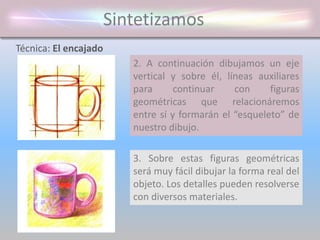 Sintetizamos
2. A continuación dibujamos un eje
vertical y sobre él, líneas auxiliares
para continuar con figuras
geométricas que relacionáremos
entre sí y formarán el “esqueleto” de
nuestro dibujo.
Técnica: El encajado
3. Sobre estas figuras geométricas
será muy fácil dibujar la forma real del
objeto. Los detalles pueden resolverse
con diversos materiales.
 