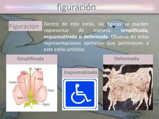 figuración
Dentro de este estilo, las figuras se pueden
representar de manera: simplificada,
esquematizada o deformada. Observa en estas
representaciones ejemplos que pertenecen a
este estilo artístico.
Figuración
Simplificada
Esquematizada
Deformada
 