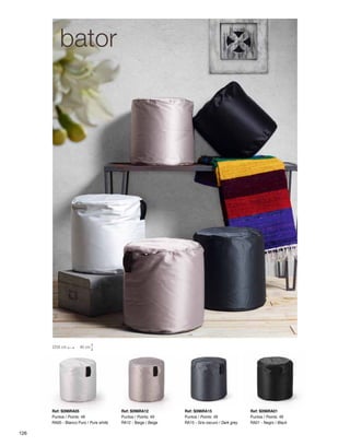 Ø38 cm 40 cm 
Ref: S096RA05 
Puntos / Points: 49 
RA05 - Blanco Puro / Pure white 
Ref: S096RA12 
Puntos / Points: 49 
RA12 - Beige / Beige 
Ref: S096RA15 
Puntos / Points: 49 
RA15 - Gris oscuro / Dark grey 
Ref: S096RA01 
Puntos / Points: 49 
RA01 - Negro / Black 
bator 
126 
 