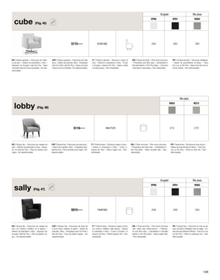 ES / Butaca giratoria. / Estructura de made-ra 
de pino. / Asiento de poliuretano y fibra. / 
Tapizado con Ecopiel o tela Rio Plus. / Base 
cromada mate en forma de estrella. / No des-enfundable. 
CAT / Butaca giratòria. / Estructura de fusta 
de pi. / Seient de poliuretà i fibra. / Entapissat 
amb Eco-Pell o tela Rio Plus. / Base cromada 
mate en forma d’estrella. / No desenfundable. 
IT / Poltrona girevole. / Struttura in legno di 
pino. / Seduta in poliuretano e fibra. / Cover 
in Ecopiel o tessuto Rio Plus. / Base a stella 
cromata opaca. / Non sfoderabile. 
EN / Swivel armchair. / Pine wood structure. 
/ Poliuretane and fibre seat. / Upholstered in 
Bonded leather or Rio Plus fabric. / Chromed 
matt base in star-shape. / Non detachable. 
FR / Fauteuil pivotant. / Structure métallique. 
/ Assise de polyuréthane et fibres. / Tissu 
Eco-cuir ou Rio Plus. / Base chromée mat en 
forme d’étoile. / Non déhoussable. 
cube (Pág. 45) 
Ecopiel Rio plus 
EP05 EP01 RO03 
S115---- 67x81x82 390 390 360 
ES / Butaca fija. / Estructura de madera de 
pino con refuerzo metálico en el asiento. / 
Asiento de poliuretano y fibra. / Tapizado con 
Ecopiel o tela Rio Plus. / Pies de plástico ne-gro. 
/ No desenfundable. 
CAT / Butaca fixa. / Estructura de fusta de 
pi amb reforç metàl·lic al seient. / Seient de 
poliuretà i fibra. / Entapissat amb Eco-Pell o 
tela Rio Plus. / Peus de plàstic negres. / No 
desenfundable. 
IT / Poltrona fissa. / Struttura in legno di pino 
con rinforzo metallico nella seduta. / Seduta 
in poliuretano e fibra. / Cover in Ecopiel o in 
tessuto Rio Plus. / Piedini plastica neri. / Non 
sfoderabile. 
EN / Fixed armchair. / Pine wood structure 
with metal seat reinforcement. / Poliureta-ne 
and fibre seat. / Upholstered in Bonded 
leather or Rio Plus fabric. / Black plastic feet. 
/ Non detachable. 
FR / Fauteuil fixe. / Structure en bois de pin 
avec armature métallique dans le siège. / As-sise 
de polyuréthane et fibres. / Tissu Eco-cuir 
ou Rio Plus. / Pieds en plastique noir. / Non 
déhoussable. 
sally (Pág. 47) 
Ecopiel Rio plus 
EP05 EP01 RO03 
S015---- 74x87x83 299 299 284 
ES / Butaca fija. / Estructura de madera de 
pino. / Asiento de poliuretano y fibra. / Tapiza-do 
con tela Rio Plus. / Pies de madera color 
negro. / No desenfundable. 
CAT / Butaca fixa. / Estructura de fusta de pi. 
/ Seient de poliuretà i fibra. / Entapissat amb 
tela Rio Plus. / Peus de fusta color negre. / No 
desenfundable. 
IT / Poltrona fissa. / Struttura in legno di pino. 
/ Seduta in poliuretano e fibra. / Cover in 
tessuto Rio Plus. / Piedi in legno neri. / Non 
sfoderabile. 
EN / Fixed armchair. / Pine wood structure. 
/ Poliuretane and fibre seat. / Upholstered in 
Rio Plus fabric. / Black wooden feet. / Non 
detachable. 
FR / Fauteuil fixe. / Structure en bois de pin. / 
Assise de polyuréthane et fibres. / Tissu Eco-cuir 
ou Rio Plus. / Pieds en bois noir. / Non 
déhoussable. 
lobby (Pág. 46) 
Rio plus 
RO03 RO12 
S116---- 64x77x75 279 279 
139 
 