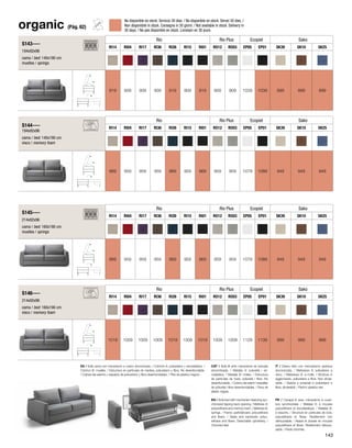 S143---- 
194x92x96 
cama / bed: 140x190 cm 
muelles / springs 
Rio Rio Plus Ecopiel Sako 
RI14 RI04 RI17 RI36 RI26 RI15 RI01 RO12 RO03 EP05 EP01 SK39 SK10 SK25 
919 909 909 909 919 909 919 909 909 1029 1039 899 899 899 
S144---- 
194x92x96 
cama / bed: 140x190 cm 
visco / memory foam 
Rio Rio Plus Ecopiel Sako 
RI14 RI04 RI17 RI36 RI26 RI15 RI01 RO12 RO03 EP05 EP01 SK39 SK10 SK25 
969 959 959 959 969 959 969 959 959 1079 1089 949 949 949 
organic (Pág. 62) 
S145---- 
214x92x96 
cama / bed: 160x190 cm 
muelles / springs 
Rio Rio Plus Ecopiel Sako 
RI14 RI04 RI17 RI36 RI26 RI15 RI01 RO12 RO03 EP05 EP01 SK39 SK10 SK25 
969 959 959 959 969 959 969 959 959 1079 1089 949 949 949 
S146---- 
214x92x96 
cama / bed: 160x190 cm 
visco / memory foam 
Rio Rio Plus Ecopiel Sako 
RI14 RI04 RI17 RI36 RI26 RI15 RI01 RO12 RO03 EP05 EP01 SK39 SK10 SK25 
1019 1009 1009 1009 1019 1009 1019 1009 1009 1129 1139 999 999 999 
ES / Sofá cama con mecanismo a vuelco sincronizado. / Colchón A: poliuretano y viscoelástica. / 
Colchon B: muelles. / Estructura en partículas de madera, poliuretano y fibra. No desenfundable. 
/ Cojines del asiento y respaldo de poliuretano y fibra desenfundables. / Pies de plástico negros. 
CAT / Sofà llit amb mecanisme de bolcada 
sincronitzada. / Matalàs A: poliuretà i vis-coelàstica. 
/ Matalàs B: molles. / Estructura 
de partícules de fusta, poliuretà i fibra. No 
desenfundable. / Coixins del seient i respatller 
de poliuretà i fibra desenfundables. / Peus de 
plàstic negres. 
IT / Divano letto con meccanismo apertura 
sincronizzata. / Materasso A: poliuretano e 
visco. / Materasso B: a molle. / Struttura in 
agglomerato, poliuretano e fibra. Non sfode-rabile. 
/ Sedute e schienali in poliuretano e 
fibra, sfoderabili. / Piedi in plastica neri. 
EN / Sofa bed with mechanism featuring syn-chronized 
tipping back opening / Mattress A: 
polyurethane and memory foam. / Mattress B: 
springs. / Frame: particleboard, polyurethane 
and fibers. / Seats and backrests: polyu-rethane 
and fibers. Detachable upholstery. / 
Chromed feet. 
FR / Canapé lit avec mécanisme à ouver-ture 
synchronisée. / Matelas A: à mousse 
polyuréthane et viscoélastique. / Matelas B: 
à ressorts. / Structure en particules de bois, 
polyuréthane et fibres. Revêtement non 
déhoussable. / Assise et dossier en mousse 
polyuréthane et fibres. Revêtement déhous-sable. 
/ Pieds chromés. 
No disponible en stock. Servicio 30 días. / No disponible en stock. Servei 30 dies. / 
Non disponibile in stock. Consegna in 30 giorni. / Not available in stock. Delivery in 
30 days. / Ne pas disponible en stock. Livraison en 30 jours. 
143 
 