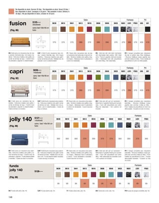 No disponible en stock. Servicio 30 días. / No disponible en stock. Servei 30 dies. / 
Non disponibile in stock. Consegna in 30 giorni. / Not available in stock. Delivery in 
30 days. / Ne pas disponible en stock. Livraison en 30 jours. 
fusion 
(Pág. 86) 
ES / Sofá cama con mecanismo tipo clic-clac 
y posición intermedia relax. Con brazos me-tálicos. 
/ Estructura metálica color grafito con 
somier de laminas de haya. / Colchón futon 
de poliuretano y algodón no desenfundable. 
capri 
(Pág. 92) 
S125---- 
205x90x92 
cama / bed: 130x195 cm 
futon 
CAT / Sofà llit amb mecanisme tipus clic-clac 
i posició intermitja relax. Amb braços 
metàl·lics. / Estructura metàl·lica color grafit i 
somier de làmines de fusta. / Matalàs futon de 
poliuretà i cotó no desenfundable.” 
S039---- 
145x85x92 
cama / bed: 145x195 cm 
futon 
Sako Fantasia PU 
SK39 SK10 SK41 SK13 SK16 SK06 SK40 SK25 NU01 LE01 PO03 U05 U01 
379 379 379 389 379 389 389 379 379 389 379 409 419 
IT / Divano letto meccanismo tipo clic-clac 
con posizione intermedia relax e braccioli me-tallici. 
/ Struttura metallica color grafite a dog-he 
di legno. / Materasso futon in poliuretano e 
EN / Sofa bed with click-clack mechanism 
with intermediate relax position. With metal 
arms. / Frame in graphite metal and wooden 
slats. / Detachable futon with polyurethane 
and cotton filling. / Non detachable. 
FR / Canapé convertible avec mécanisme 
clic-clac et position relax. Bras métalliques. 
/ Structure métallique couleur graphite avec 
sommier à lattes en hêtre. / Futon matelas de 
polyuréthane et coton non déhoussable. 
Sako Fantasia PU 
cotone non sfoderabile. 
SK39 SK10 SK41 SK13 SK16 SK06 SK40 SK25 NU01 LE01 PO03 U05 U01 
379 379 379 389 379 389 389 379 379 389 379 409 419 
ES / Sofá cama con mecanismo tipo ex-tensible. 
/ Estructura metálica color grafito y 
somier de láminas de haya. / Colchón futon 
de poliuretano y algodón no desenfundable. / 
Cojines de brazo no incluidos. 
CAT / Sofà llit amb mecanisme tipus extensi-ble. 
/ Estructura metàl·lica color grafit i somier 
de làmines de fusta. / Matalàs futon de po-liuretà 
i cotó no desenfundable. / Coixins de 
braç no inclosos. 
IT / Divano letto con meccanismo tipo esten-sibile. 
/ Struttura metallica color grafite a dog-he 
di legno. / Materasso futon in poliuretano 
e cotone non sfoderabile. / Cuscini bracciolo 
non inlcusi. 
EN / Sofa bed with pull out mechanism. / 
Metal frame in graphite finishing and wooden 
slats. / Futon with polyurethane and cotton 
filling non detachable. / Arm cushions not 
included. 
FR / Canapé convertible avec mécanisme 
extensible. / Structure métallique couleur 
graphite avec sommier à lattes en hêtre. / 
Futon matelas de polyuréthane et coton non 
déhoussable. / Coussins du bras non inclus. 
jolly 140 
(Pág. 98) 
S127---- 
145x85x92 
cama / bed: 145x195 cm 
futon 
Sako Fantasia 
SK39 SK10 SK41 SK13 SK16 SK06 SK40 SK25 NU01 LE01 PO03 
369 369 369 379 369 379 379 369 369 379 369 
ES / Sofá cama con mecanismo tipo exten-sible. 
/ Estructura metálica color grafito y so-mier 
de láminas de haya. / Colchón futon de 
poliuretano y algodón. / Funda desenfundable 
y reversible. / Cojines de brazo no incluidos. 
CAT / Sofà llit amb mecanisme tipus extensi-ble. 
/ Estructura metàl·lica color grafit i somier 
de làmines de fusta. / Matalàs futon de poliu-retà 
i cotó. / Funda desenfundable i reversible. 
/ Coixins de braç no inclosos. 
IT / Divano letto con meccanismo tipo esten-sibile. 
/ Struttura metallica color grafite a dog-he 
di legno. / Materasso futon in poliuretano 
e cotone. / Cover sfoderabile e reversibile. / 
Cuscini bracciolo non inclusi. 
EN / Sofa bed with pull out mechanism. / 
Metal frame in graphite finishing and wooden 
slats. / Futon with polyurethane and cotton 
filling. / With detachable and reversible cover. 
/ Arm cushions not included. 
FR / Canapé convertible avec mécanisme 
extensible. / Structure métallique couleur gra-phite 
avec sommier à lattes en hêtre. / Futon 
matelas de polyuréthane et coton. / Housse 
déhoussable reversible. / Coussins du bras 
non inclus. 
funda 
jolly 140 
(Pág. 98) 
S126---- 
Sako Fantasia 
SK39 SK10 SK41 SK13 SK16 SK06 SK40 SK25 NU01 LE01 PO03 
99 99 99 99 99 99 99 99 99 99 99 
ES / Funda sofá cama Jolly 140. CAT / Funda sofà llit Jolly 140. IT / Fodera divano letto Jolly 140. EN / Sofa bed cover Jolly 140. FR / Housse de canapé convertible Jolly 140. 
148 
 