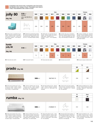 No disponible en stock. Servicio 30 días. / No disponible en stock. Servei 30 dies. / 
Non disponibile in stock. Consegna in 30 giorni. / Not available in stock. Delivery in 
30 days. / Ne pas disponible en stock. Livraison en 30 jours. 
ES / Sofá cama de apertura tipo clic-clac. / 
Estructura de madera. / Asiento y respaldo 
de poliuretano y fibra. / Tapizado con PU. / 
Pies cromados. / No desenfundable. 
CAT / Sofà llit d’obertura tipus clic-clac. 
/ Estructura de fusta. / Seient i respatller 
de poliuretà i fibra. / Entapissat amb PU. / 
Peus cromats. / No desenfundable. 
IT / Divano letto apertura clic-clac. / Struttura 
in legno. / Seduta e schienale in poliuretano 
e fibra. / Cover in PU. / Piedi cromati. / Non 
sfoderabile. 
EN / Sofa bed with click-clack opening. / 
Wooden structure. / Poliuretane and fibre seat 
and back. / Upholstered in PU. / Chromed 
feet. / Non detachable. 
FR / Canapé convertible clic-clac. / Structu-re 
en bois. / Assise et dossier de polyurétha-ne 
et fibres. / Tapissé PU. / Pieds cromés. / 
Non déhoussable. 
prado (Pág. 108) 
PU 
U05 U12 
S089---- 190x77x92-110 299 299 
ES / Sofá cama de apertura tipo clic-clac. / 
Cajón contenedor en la base. / Estructura de 
madera. / Asiento y respaldo de poliuretano 
y fibra. / Tapizado en PU o tela Basic. / Pies 
de plástico negros. / No desenfundable. 
CAT / Sofà llit d’obertura tipus clic-clac. / 
Calaix contenedor a la base. / Estructura de 
fusta. / Seient i respatller de poliuretà i fibra. 
/ Entapissat amb PU o tela Basic. / Peus de 
plàstic negres. / No desenfundable. 
IT / Divano letto apertura clic-clac. / Casso-ne 
contenitore nella base. / Struttura in legno. 
/ Seduta e schienale in poliuretano e fibra. / 
Cover in PU o tessuto Basic. / Piedi in plastica 
neri. / Non sfoderabile. 
EN / Sofa bed with click-clack opening. / In-cluding 
container at the base. / Wooden struc-ture. 
/ Poliuretane and fibre seat and back. / 
Upholstered in PU or Basic fabric. / Black 
plastic feet. / Non detachable. 
FR / Canapé convertible clic-clac. / Conte-neur 
intérieur. / Structure en bois. / Assise et 
dossier de polyuréthane et fibres. / Tapissé 
en PU ou tissu Basic. / Pieds plastique noirs. 
/ Non déhoussable. 
rumba (Pág. 110) 
PU Basic 
U05 J09 
S088---- 212x86x88-114 452 463 
jolly 80 
(Pág. 104) 
S129---- 
90x85x92 
cama / bed: 90x195 cm 
futon 
Sako Fantasia 
SK39 SK10 SK41 SK13 SK16 SK06 SK40 SK25 NU01 LE01 PO03 
289 289 289 299 289 299 299 289 289 299 289 
ES / Butaca cama con mecanismo tipo ex-tensible. 
/ Estructura metálica color grafito y 
somier de láminas de haya. / Colchón futon 
de poliuretano y algodón. / Funda desenfun-dable 
y reversible. 
CAT / Sofà llit amb mecanisme tipus extensi-ble. 
/ Estructura metàl·lica color grafit i somier 
de làmines de fusta. / Matalàs futon de poliu-retà 
i cotó. / Funda desenfundable i reversible. 
IT / Poltrona letto con meccanismo tipo es-tensibile. 
/ Struttura metallica color grafite a 
doghe di legno. / Materasso futon in 
poliuretano e cotone. / Cover sfoderabile e 
reversibile. 
EN / Armchair with pull out mechanism. / 
Metal frame in graphite finishing and wooden 
slats. / Futon with polyurethane and cotton 
filling. / With detachable and reversible cover. 
FR / Fauteuil convertible avec mécanisme 
extensible. / Structure métallique couleur gra-phite 
avec sommier à lattes en hêtre. / Futon 
matelas de polyuréthane et coton. / Housse 
déhoussable reversible. 
funda 
jolly 80 
(Pág. 104) 
S128---- 
Sako Fantasia 
SK39 SK10 SK41 SK13 SK16 SK06 SK40 SK25 NU01 LE01 PO03 
73 73 73 73 73 73 73 73 73 73 73 
ES / Funda sofá cama Jolly 80. CAT / Funda sofà llit Jolly 80. IT / Fodera divano letto Jolly 80. EN / Sofa bed cover Jolly 80. FR / Housse de canapé convertible Jolly 80. 
149 
 