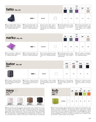 ES / Puf con bolsillos laterales. / Interior de 
poliuretano dividido en celdas. / Tapizado 
con PVC resistente al agua. / Embalado al 
vacío. / Totalmente desenfundable. 
CAT / Puf amb butxaques laterals. / Inte-rior 
de poliuretà dividit en cel·les. / Enta-pissat 
amb PVC resistent a l’aigua. / Em-balat 
al buit. / Totalment desenfundable. 
IT / Pouf con tasche laterali. / Interno in 
poliuretano diviso in camere separate. / 
Cover in tessuto PVC idrorepellente. / Im-pacchettato 
sotto vuoto. / Completamente 
sfoderabile. 
EN / Pouff with lateral pockets. / Poliure-tane 
interior divided in cells. / Upholstered 
in water proof PVC. / Vacuum packed. / 
Totally detachable. 
FR / Pouff avec poches laterales. / Inté-rieur 
en polyuréthane divisé en compar-timents 
séparés. / Tissu PVC résistant 
à l’eau. / Emballé au vide. / Totalement 
déhoussable. 
fatto (Pág. 122) 
PVC 
V25 V03 V17 V05 V12 
S078---- 90x75x76 119 119 119 119 119 
ES / Puf. de poliuretano. / Tapizado con 
PVC resistente al agua. / Embalado al va-cío. 
/ Totalmente desenfundable. 
CAT / Puf. / Interior amb poliuretà. / Enta-pissat 
amb PVC resistent a l’aigua. / Em-balat 
al buit. / Totalment desenfundable. 
IT / Pouf. / Interno in poliuretano. / Coverin 
tessuto PVC idrorepellente. / Impacchetta-to 
sotto vuoto. / Completamente sfodera-bile. 
EN / Pouff with lateral pockets. / Poliure-tane 
interior divided in cells. / Upholstered 
in water proof PVC. / Vacuum packed. / 
Totally detachable. 
FR / Pouff. / Intérieur en polyuréthane. / 
Tissu PVC résistant à l’eau. / Emballé au 
vide. / Totalement déhoussable. 
narku (Pág. 124) 
PVC 
V25 V03 V17 V05 V12 
S081---- 115x35x105 126 126 126 126 126 
ES / Puf redondo. / Interior con bolas de 
poliuretano expandido. / Tapizado con tela 
Raso. / Doble cremallera de seguridad. / 
No desenfundable. 
CAT / Puf rodó. / Interior amb boles de 
poliuretà expandit. / Entapissat amb tela 
Raso. / Doble cremallera de seguretat. / 
No desenfundable. 
IT / Pouf cilindrico. / Interno con palline 
di poliuretano espanso. / Cover in tessuto 
Raso. / Doppia cerniera di sicurezza. / Non 
sfoderabile. 
ES / Puf con asa lateral. / Estructura de madera. / Interior de poliuretano y fibra. / Tapizado en PU con ribete. / 
Tacos de plástico. / No desenfundable. CAT / Puf amb nansa lateral. / Estructura de fusta. / Interior de poliu-retà. 
/ Entapissat amb PU amb ribet. / Tacs de plàstic. / No desenfundable. IT / Pouf con maniglia laterale. / 
Struttura in legno. / Interno in poliuretano e fibra. / Cover in PU con rivetto. / Piedini in plastica. / Non sfoderabile. 
EN / Pouff with side handle. / Wooden structure. / Interior in poliuretane and fibre. / Upholstered in PU with 
trim. / Plastic feet protection. / Non detachable. FR / Pouff avec poignée latérale. / Structure en bois. / Inté-rieur 
en polyuréthane et fibres. / Tapissé en PU avec garniture. / Chevilles en plastique. / Non déhoussable. 
EN / Round pouff. / Interior with expan-ded 
poliuretane balls. / Upholstered with 
Raso fabric. / Double security zip. / Non 
detachable. 
FR / Pouff rond. / Intérieur avec sacs en 
polyuréthane. / Tapissé en tissu Raso. 
/ Double zip de securité. / Non déhous-sable. 
bator (Pág. 126) 
S096---- 
Raso 
RA05 RA12 RA15 RA01 
S096---- Ø38x40 49 49 49 49 
navy 
(Pág. 127) 
40x43x40 
S093U13 
Puntos / Points: 49 
S093U21 
Puntos / Points: 49 
S094U12 
Puntos / Points: 49 
S092U01 
Puntos / Points: 49 
kub 
(Pág. 128) 
S095---- 
PU 
U05 U10 U01 U21 U13 
40x42x40 49 49 49 49 49 
ES / Puf. / Estructura de madera. / Interior de poliuretano y fibra. / Tapizado con PU con ribete abierto. / Tacos 
de plástico. / No desenfundable. CAT / Puf. / Estructura de fusta. / Interior de poliuretà i fibra. / Entapissat 
amb PU amb ribet obert. / Tacs de plàstic. / No desenfundable. IT / Pouf. / Struttura in legno. / Interno di 
poliuretano e fibra. / Cover in PU con rivetto aberto. / Piedini in plastica. / Non sfoderabile. EN / Pouff. / Wooden 
structure. / Interior in poliuretane and fibre. / Upholstered in PU with open trim. / Plastic feet protection. / 
Non detachable. FR / Pouff. / Structure en bois. / Intérieur en polyuréthane et fibres. / Tapissé en PU avec 
garniture ouverte. / Chevilles en plastique. / Non déhoussable. 
151 
 