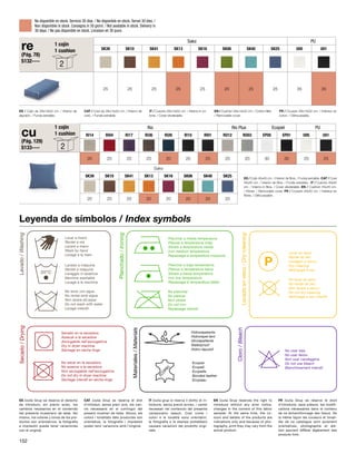 Leyenda de símbolos / Index symbols 
30ºC 
Lavar a mano 
Rentar a mà 
Lavare a mano 
Wash by hand 
Lavage à la main 
Lavado a máquina 
Rentat a màquina 
Lavaggio in lavatrice 
Machine washable 
Lavage à la machine 
No lavar con agua 
No rentar amb aigua 
Non lavare ad aqua 
Do not wash with water 
Lavage interdit 
Lavado / Washing 
Lavar en seco 
Rentar en sec 
Lavaggio a secco 
Dry-cleaning 
Nettoyage à sec 
No lavar en seco 
No rentar en sec 
Non lavare a secco 
Do not dry-cleaning 
Nettoyage a sec interdit 
Lavado en seco / Dry-cleaning 
Planchar a media temperatura 
Planxar a temperatura mitja 
Stirare a temperatura media 
Iron medium temperature 
Repassage à temperatura moyenne 
Planchar a baja temperatura 
Planxar a temperatura baixa 
Stirare a bassa temperatura 
Iron low temperature 
Repassage à temperatura faible 
No planchar 
No planxar 
Non stirare 
Do not iron 
Repassage interdit 
Planchado / Ironing Secado en la secadora 
Assecar a la secadora 
Asciugabile nell’asciugatrice 
Dry in dryer machine 
Séchage en séche-linge 
No secar en la secadora 
No assecar a la secadora 
Non asciugabile nell’asciugatrice 
Do not dry in dryer machine 
Sèchage interdit en sèche-linge 
Secado / Drying 
No usar lejía 
No usar lleixiu 
Non usar candeggina 
Do not use bleach 
Blanchissemant interdit 
Cloro / Bleach 
Hidrorepelente 
Hidrorepel·lent 
Idrorepellente 
Waterproof 
Hidro-rèpulsif 
Ecopiel 
Ecopell 
Ecopelle 
Bonded leather 
Ecopeau 
Materiales / Materials 
ES /Julià Grup se reserva el derecho 
de introducir, sin previo aviso, los 
cambios necesarios en el contenido 
del presente muestrario de telas. Así 
mismo, los colores y tonos de los pro-ductos 
son orientativos, la fotografía 
e impresión puede tener variaciones 
con el original. 
CAT /Julià Grup es reserva el dret 
d’introduir, sense previ avis, els can-vis 
necessaris en el contingut del 
present mostrari de teles. Alhora, els 
colors i tonalitats dels productes son 
orientatius, la fotografia i impressió 
poden tenir variacions amb l’original. 
IT /Julia grup si riserva il diritto di in-trodurre, 
senza previo avviso, i cambi 
necessari nel contenuto del presente 
campionario tessuti. Cosi come i 
colori e le tonalitá sono orientativi, 
la fotografia e la stampa potrebbero 
causare variazioni dal prodotto origi-nale. 
EN /Julia Grup reserves the right to 
introduce without any prior notice, 
changes in the content of this fabric 
sampler. At the same time, the co-lours 
and details of the products are 
indications only and because of pho-tography, 
print they may vary from the 
actual product. 
FR /Julia Grup se réserve le droit 
d’introduire, sans préavis, les modifi-cations 
nécessaires dans le contenu 
de ce échantillonnage des tissus. De 
la même façon les couleurs et tonali-tés 
de ce catalogue sont purement 
orientatives, photographie et édi-tion 
peuvent différer légèrement des 
produits finis. 
cu 
(Pág. 129) 
S133---- 
Rio Rio Plus Ecopiel PU 
RI14 RI04 RI17 RI36 RI26 RI15 RI01 RO12 RO03 EP05 EP01 U05 U01 
20 20 20 20 20 20 20 20 20 30 30 25 25 
Sako 
SK39 SK10 SK41 SK13 SK16 SK06 SK40 SK25 
20 20 20 20 20 20 20 20 
1 cojín 
1 cushion 
re 
(Pág. 78) 
S132---- 
Sako PU 
SK39 SK10 SK41 SK13 SK16 SK06 SK40 SK25 U05 U01 
25 25 25 25 25 25 25 25 35 35 
ES / Cojín de 28x14x52 cm. / Interior de 
algodón. / Funda extraible. 
CAT / Coixí de 28x14x52 cm. / Interior de 
cotó. / Funda extraible. 
IT / Cuscino 28x14x52 cm. / Interno in co-tone. 
/ Cover sfoderabile. 
EN / Cushion 28x14x52 cm. / Cotton filler. 
/ Removable cover. 
FR / Coussin 28x14x52 cm. / Intérieur en 
coton. / Déhoussable. 
1 cojín 
1 cushion 
2 
2 
ES / Cojín 45x45 cm. / Interior de fibra. / Funda extraible. CAT / Coixí 
45x45 cm. / Interior de fibra. / Funda extraible. IT / Cuscino 45x45 
cm. / Interno in fibra. / Cover sfoderabile. EN / Cushion 45x45 cm. 
/ Fibres. / Removable cover. FR / Coussin 45x45 cm. / Intérieur en 
fibres. / Déhoussable. 
No disponible en stock. Servicio 30 días. / No disponible en stock. Servei 30 dies. / 
Non disponibile in stock. Consegna in 30 giorni. / Not available in stock. Delivery in 
30 days. / Ne pas disponible en stock. Livraison en 30 jours. 
152 
 