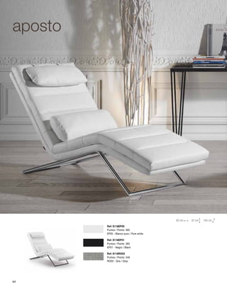 aposto 
Ref: S118EP05 
Puntos / Points: 365 
EP05 - Blanco puro / Pure white 
Ref: S118EP01 
Puntos / Points: 365 
EP01 - Negro / Black 
Ref: S118RO03 
Puntos / Points: 349 
RO03 - Gris / Grey 
62 cm 87 cm 165 cm 
44 
 