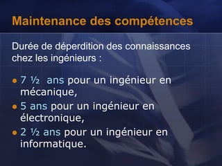 Maintenance des compétences
 7 ½ ans pour un ingénieur en
mécanique,
 5 ans pour un ingénieur en
électronique,
 2 ½ ans pour un ingénieur en
informatique.
Durée de déperdition des connaissances
chez les ingénieurs :
 