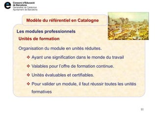 Les modules professionnels
Modèle du référentiel en Catalogne
Unités de formation
Organisation du module en unités réduites.
 Ayant une signification dans le monde du travail
 Valables pour l’offre de formation continue.
 Unités évaluables et certifiables.
 Pour valider un module, il faut réussir toutes les unités
formatives
11
 