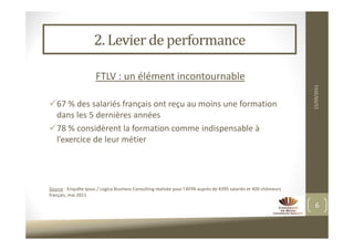 2. Levier de performance

                      FTLV : un élément incontournable




                                                                                                                   22/09/2011
   67 % des salariés français ont reçu au moins une formation
   dans les 5 dernières années
   78 % considèrent la formation comme indispensable à
   l’exercice de leur métier




Source : Enquête Ipsos / Logica Business Consulting réalisée pour l'AFPA auprès de 4395 salariés et 400 chômeurs
français, mai 2011

                                                                                                                     6
 