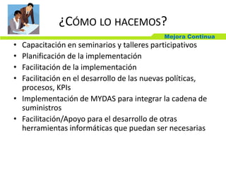 Mejora Continua
¿CÓMO LO HACEMOS?
• Capacitación en seminarios y talleres participativos
• Planificación de la implementación
• Facilitación de la implementación
• Facilitación en el desarrollo de las nuevas políticas,
procesos, KPIs
• Implementación de MYDAS para integrar la cadena de
suministros
• Facilitación/Apoyo para el desarrollo de otras
herramientas informáticas que puedan ser necesarias
 