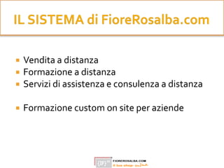  Vendita a distanza
 Formazione a distanza
 Servizi di assistenza e consulenza a distanza
 Formazione custom on site per aziende
 