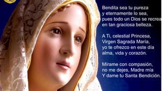Bendita sea tu pureza
y eternamente lo sea,
pues todo un Dios se recrea
en tan graciosa belleza.
A Ti, celestial Princesa,
Virgen Sagrada María,
yo te ofrezco en este día
alma, vida y corazón.
Mírame con compasión,
no me dejes, Madre mía
Y dame tu Santa Bendición.
 