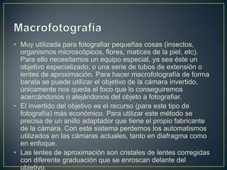 • Muy utilizada para fotografiar pequeñas cosas (insectos,
organismos microscópicos, flores, matices de la piel, etc).
Para ello necesitamos un equipo especial, ya sea éste un
objetivo especializado, o una serie de tubos de extensión o
lentes de aproximación. Para hacer macrofotografía de forma
barata se puede utilizar el objetivo de la cámara invertido,
únicamente nos queda el foco que lo conseguiremos
acercándonos o alejándonos del objeto a fotografiar.
• El invertido del objetivo es el recurso (para este tipo de
fotografía) más económico. Para utilizar este método se
precisa de un anillo adaptador que tiene el propio fabricante
de la cámara. Con este sistema perdemos los automatismos
utilizados en las cámaras actuales, tanto en diafragma como
en enfoque.
• Las lentes de aproximación son cristales de lentes corregidas
con diferente graduación que se enroscan delante del
objetivo.

 