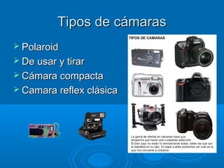 Tipos de cámaras
 Polaroid
 De usar y tirar
 Cámara compacta
 Camara reflex clásica

 