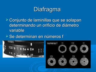 Diafragma
 Conjunto de laminillas que se solapan

determinando un orificio de diámetro
variable
 Se determinan en números f

 