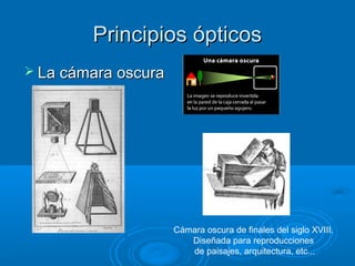 Principios ópticos
 La cámara oscura

Cámara oscura de finales del siglo XVIII.
Diseñada para reproducciones
de paisajes, arquitectura, etc...

 