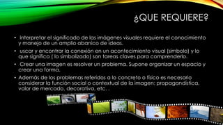 ¿QUE REQUIERE?
• Interpretar el significado de las imágenes visuales requiere el conocimiento
y manejo de un amplio abanico de ideas.
• uscar y encontrar la conexión en un acontecimiento visual (símbolo) y lo
que significa ( lo simbolizado) son tareas claves para comprenderlo.
• Crear una imagen es resolver un problema. Supone organizar un espacio y
crear una forma.
• Además de los problemas referidos a lo concreto o físico es necesario
considerar la función social o contextual de la imagen: propagandística,
valor de mercado, decorativa, etc. .
 