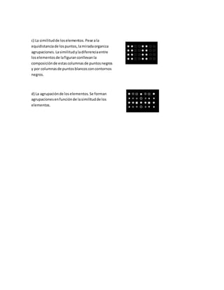 c) La similitudde loselementos. Pese ala
equidistanciade lospuntos,lamiradaorganiza
agrupaciones. Lasimilitudyladiferenciaentre
loselementosde lafiguranconllevanla
composiciónde estascolumnasde puntosnegros
y por columnasde puntosblancosconcontornos
negros.
d) La agrupaciónde loselementos. Se forman
agrupacionesenfunciónde lasimilitudde los
elementos.
 