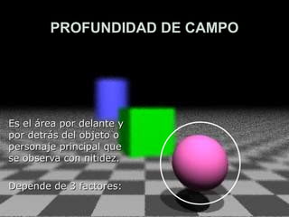 PROFUNDIDAD DE CAMPO




Es el área por delante y
por detrás del objeto o
personaje principal que
se observa con nitidez.

Depende de 3 factores:
 