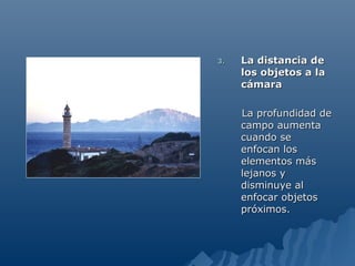 3.   La distancia de
     los objetos a la
     cámara

     La profundidad de
     campo aumenta
     cuando se
     enfocan los
     elementos más
     lejanos y
     disminuye al
     enfocar objetos
     próximos.
 