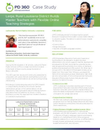 Case Study

Large, Rural Louisiana District Builds
Master Teachers with Flexible Online
Teaching Strategies

Lafourche Parish Public Schools, Louisiana                        FOCUSES

                  “Our teachers appreciate PD 360                 LPPS continually strives to increase teacher growth
                                                                  because it recognizes that student success relates directly
                  and its 24/7 availability even as our
                                                                  to educator quality. The district’s current focuses include
                  administrators welcome its versatility          the following:
                  and value. It has definitely become a
                  significant piece of our professional           • Common Core
                  learning program.”                              • Paraprofessionals
                                                                  • Teachers of English Language Learners
Cynthia Eliser
Elementary Education Curriculum Supervisor
Lafourche Parish Public Schools, Louisiana
                                                                  SOLUTIONS

                                                                  LPPS Elementary Education Curriculum Supervisor
                                                                  Cynthia Eliser is an energetic, student-focused
PROFILE
                                                                  administrator who wholly supports teacher development.
                                                                  Introduced to PD 360, she loved the unlimited access
Serving 15,000 students in 30 schools, Lafourche Parish
                                                                  and recognized the potential of an online, on-demand
Public Schools (LPPS) is a large rural district located
                                                                  professional development (PD) system. Ms. Eliser saw it
in the heart of Cajun country along the banks of
                                                                  as a good fit in the district’s PD program and by using
Bayou Lafourche.
                                                                  funds from Title II and Title I Stimulus, purchased PD
                                                                  360 with its companion product Observation 360. Both
This 200-year-old, closely-knit community celebrates its
                                                                  are vital components of School Improvement Network’s
uniqueness with yearly festivals spotlighting local music,
                                                                  Educator Effectiveness System that provide solid
cuisine, folk arts, and traditions as well as hunting, fishing,
                                                                  solutions for district focuses.
and boating.

                                                                  • Common Core 360
                                                                    
Providing an outstanding education for LPPS children
                                                                       PPS is planning to purchase another part of School
                                                                      L
is a responsibility shared by the schools, families,
                                                                      Improvement Network’s Educator Effectiveness System,
and business groups of this unified district. All are
                                                                      Common Core 360 which sustains implementation of
dedicated to helping students become lifelong learners
                                                                      state standards and prepares educators to ready 100%
and realize their full potential. As shown in rising
                                                                      of students for college and career.
proficiency scores, this approach has created a tradition
of consistent improvement.
                                                                  • Paraprofessional Training
                                                                     D 360 fully maintains paraprofessional training with
                                                                    P
               Lafourche Parish Public Schools                      programs such as Training Paraprofessionals and many
                    Student Achievement                             online interactive communities that allow educators to
                  Basic  Above Proficiency                         share experiences.

   Spring       Spring       Spring      Spring       Spring      • Training Teachers of English Language Learners (ELLs)     	
    2007        2008         2009         2010         2011
                                                                   L
                                                                    PPS teachers are honing their ELL instructional
    60%          60%          64%         65%          66%         strategies with PD 360 programs, such as Every Teacher
                                                                   – a Teacher of English Language Learners and Helping
                                                                   Students of Limited English Skills. Other programs
                                                                   indirectly address ELLs, such as those on differentiation,
                                                                   minority student achievement, and inclusion. minority      	
                                                                   student achievement, and inclusion.
 