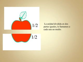 1/2
1/2

La unidad dividida en dos
partes iguales, le llamamos a
cada una un medio.

 