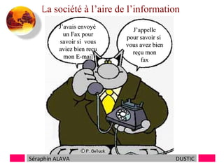 La société à l’aire de l’information
J’avais envoyé
un Fax pour
savoir si vous
aviez bien reçu
mon E-mail

Séraphin ALAVA

J’appelle
pour savoir si
vous avez bien
reçu mon
fax

DUSTIC

 