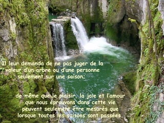 Il leur demanda de ne pas juger de la
valeur d’un arbre ou d’une personne
seulement sur une saison;
de même que le plaisir, la joie et l’amour
que nous éprouvons dans cette vie
peuvent seulement être mesurés que
lorsque toutes les saisons sont passées.
 