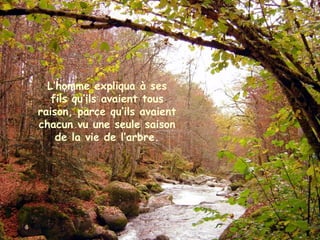L’homme expliqua à ses
fils qu’ils avaient tous
raison, parce qu’ils avaient
chacun vu une seule saison
de la vie de l’arbre.
 