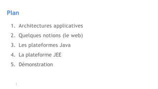 Plan
1. Architectures applicatives
2. Quelques notions (le web)
3. Les plateformes Java
4. La plateforme JEE
5. Démonstration
 