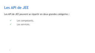 Les API de JEE
Les API de JEE peuvent se répartir en deux grandes catégories :
 Les composants.
 Les services.
 