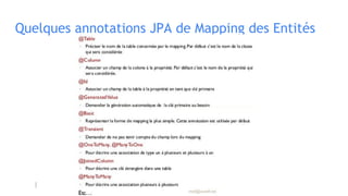 Quelques annotations JPA de Mapping des Entités
 