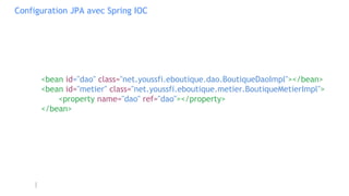 Configuration JPA avec Spring IOC
<bean id="dao" class="net.youssfi.eboutique.dao.BoutiqueDaoImpl"></bean>
<bean id="metier" class="net.youssfi.eboutique.metier.BoutiqueMetierImpl">
<property name="dao" ref="dao"></property>
</bean>
 