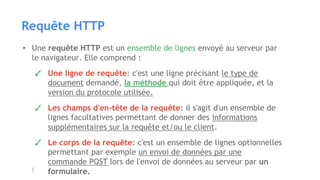 Requête HTTP
• Une requête HTTP est un ensemble de lignes envoyé au serveur par
le navigateur. Elle comprend :
✓ Une ligne de requête: c'est une ligne précisant le type de
document demandé, la méthode qui doit être appliquée, et la
version du protocole utilisée.
✓ Les champs d'en-tête de la requête: il s'agit d'un ensemble de
lignes facultatives permettant de donner des informations
supplémentaires sur la requête et/ou le client.
✓ Le corps de la requête: c'est un ensemble de lignes optionnelles
permettant par exemple un envoi de données par une
commande POST lors de l'envoi de données au serveur par un
formulaire.
 