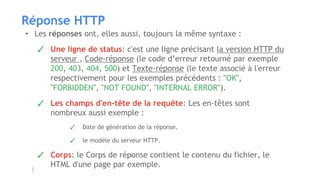 Réponse HTTP
• Les réponses ont, elles aussi, toujours la même syntaxe :
✓ Une ligne de status: c'est une ligne précisant la version HTTP du
serveur , Code-réponse (le code d’erreur retourné par exemple
200, 403, 404, 500) et Texte-réponse (le texte associé à l'erreur
respectivement pour les exemples précédents : "OK",
"FORBIDDEN", "NOT FOUND", "INTERNAL ERROR").
✓ Les champs d'en-tête de la requête: Les en-têtes sont
nombreux aussi exemple :
✓ Date de génération de la réponse.
✓ le modèle du serveur HTTP.
✓ Corps: le Corps de réponse contient le contenu du fichier, le
HTML d'une page par exemple.
 