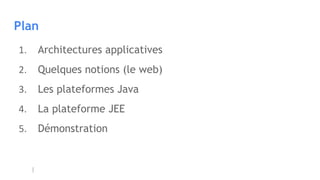 Plan
1. Architectures applicatives
2. Quelques notions (le web)
3. Les plateformes Java
4. La plateforme JEE
5. Démonstration
 