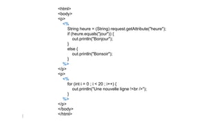 <html>
<body>
<p>
<%
String heure = (String) request.getAttribute("heure");
if (heure.equals("jour")) {
out.println("Bonjour");
}
else {
out.println("Bonsoir");
}
%>
</p>
<p>
<%
for (int i = 0 ; i < 20 ; i++) {
out.println("Une nouvelle ligne !<br />");
}
%>
</p>
</body>
</html>
 