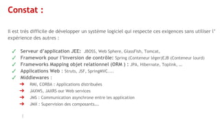Constat :
Il est très difficile de développer un système logiciel qui respecte ces exigences sans utiliser l’
expérience des autres :
✓ Serveur d’application JEE: JBOSS, Web Sphere, GlassFish, Tomcat,
✓ Framework pour l’Inversion de contrôle: Spring (Conteneur léger)EJB (Conteneur lourd)
✓ Frameworks Mapping objet relationnel (ORM ) : JPA, Hibernate, Toplink, …
✓ Applications Web : Struts, JSF, SpringMVC....
✓ Middlewares :
➔ RMI, CORBA : Applications distribuées
➔ JAXWS, JAXRS our Web services
➔ JMS : Communication asynchrone entre les application
➔ JMX : Supervision des composants….
 