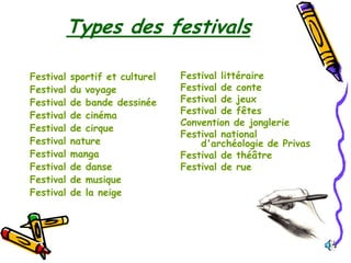 Types des festivals

Festival   sportif et culturel   Festival littéraire
Festival   du voyage             Festival de conte
Festival   de bande dessinée     Festival de jeux
Festival   de cinéma             Festival de fêtes
                                 Convention de jonglerie
Festival   de cirque
                                 Festival national
Festival   nature                    d'archéologie de Privas
Festival   manga                 Festival de théâtre
Festival   de danse              Festival de rue
Festival   de musique
Festival   de la neige
 