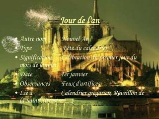 Jour de l'an
• Autre nom         Nouvel An
• Type               Fête du calendrier
• Signification Célébration du premier jour du
  mois de janvier.
• Date             1er janvier
• Observances       Feux d'artifices
• Lié à            Calendrier grégorien, Réveillon de
  la Saint-Silvestre
 