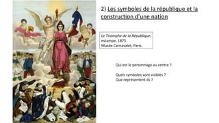 Le Triomphe de la République,
estampe, 1875.
Musée Carnavalet, Paris.
Qui est le personnage au centre ?
Quels symboles sont visibles ?
Que représentent-ils ?
2) Les symboles de la république et la
construction d’une nation
 