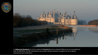 Le château de Chambord est né d'un caprice de François Ier et de sa volonté d'éblouir les cours européennes.
Avec ses 440 pièces, ses 365 cheminées et son escalier à double révolution à la gloire du roi, le château
impressionne par sa démesure.
 