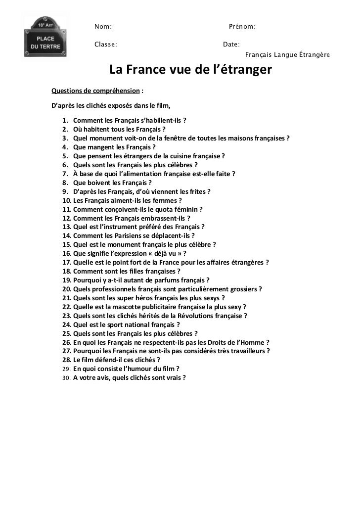 La France Vue De L Etranger Questionnaire La France Vue De L Etranger Questionnaire