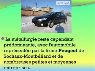 La métallurgie reste cependant
prédominante, avec l'automobile
représentée par la firme Peugeot de
Sochaux-Montbéliard et de
nombreuses petites et moyennes
entreprises.
 