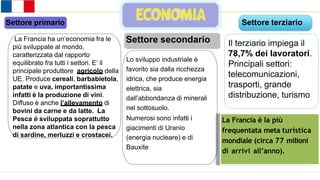 ECONOMIA
Settore primario
La Francia ha un’economia fra le
più sviluppate al mondo,
caratterizzata dal rapporto
equilibrato fra tutti i settori. E’ il
principale produttore agricolo della
UE. Produce cereali, barbabietola,
patate e uva, importantissima
infatti è la produzione di vini.
Diffuso è anche l’allevamento di
bovini da carne e da latte. La
Pesca è sviluppata soprattutto
nella zona atlantica con la pesca
di sardine, merluzzi e crostacei.
Settore secondario
Lo sviluppo industriale è
favorito sia dalla ricchezza
idrica, che produce energia
elettrica, sia
dall’abbondanza di minerali
nel sottosuolo.
Numerosi sono infatti i
giacimenti di Uranio
(energia nucleare) e di
Bauxite
La Francia è la più
frequentata meta turistica
mondiale (circa 77 milioni
di arrivi all’anno).
Settore terziario
Il terziario impiega il
78,7% dei lavoratori.
Principali settori:
telecomunicazioni,
trasporti, grande
distribuzione, turismo
 