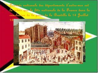 Journée nationale des départements d'outre-mer est la même que la fête nationale de la France dans la conclusion de la prise de la Bastille le 14 Juillet  1880. 